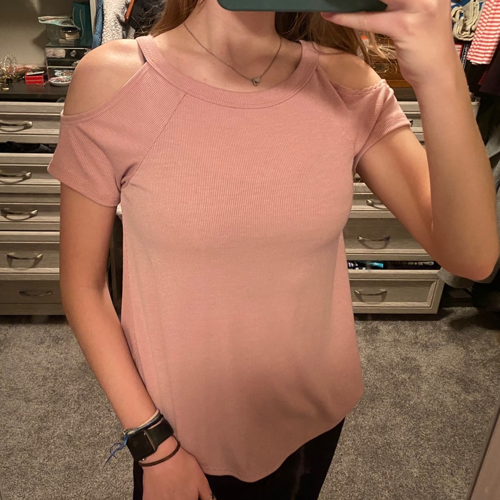 Blush Pink Shoulder Cut out Ribbed Tee